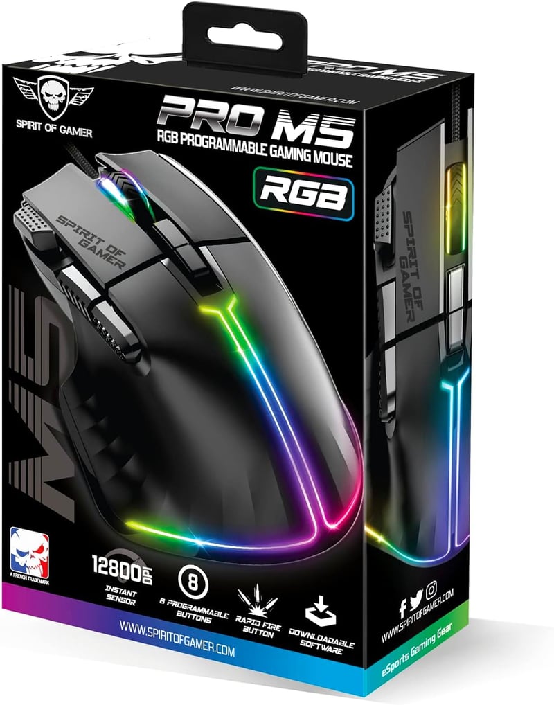 SPIRIT OF GAMER PRO M5 RGB Gamer Egér 12800 DPI, 8 Programozható Gomb, Gyorstüzelés Funkcióval, 13 RGB Háttérvilágítási Effekt, Ergonomikus 