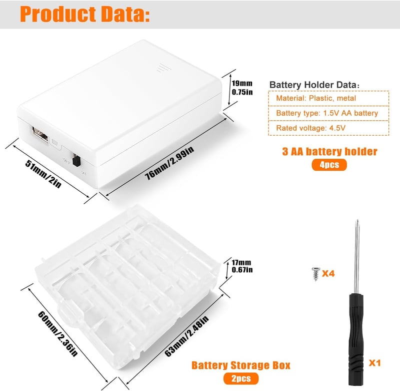 KUOQIY 4 db 3x1,5V AA Elemtartó, USB Csatlakozóval és Kapcsolóval - Fehér Műanyag Akkumulátor Tartó Doboz Fedéllel, 4,5V