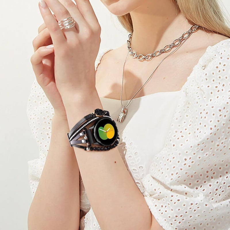 VISOOM Boho Bőr Karkötő Samsung Galaxy Watch 7/6/5/4 Órához - 20mm Gyöngyös Többrétegű Szíj 40-47mm Modellekhez, Fekete