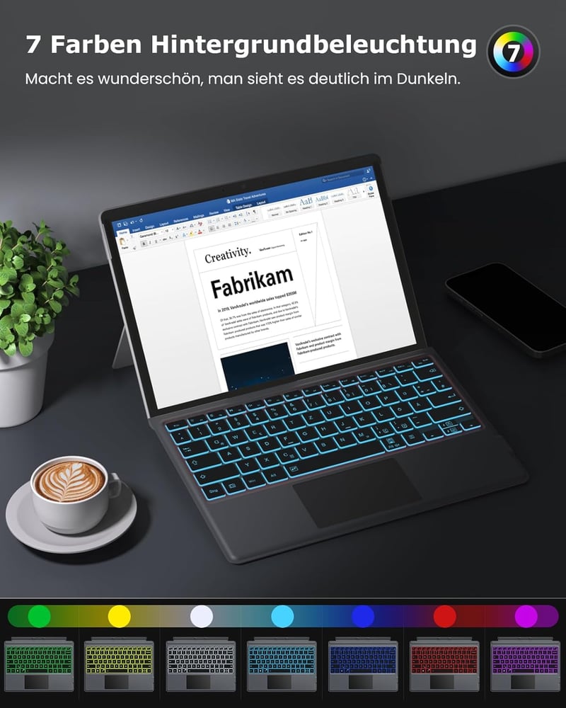 MoKo Német Bluetooth Billentyűzet Microsoft Surface Pro 7/6/5/4/3 Készülékekhez - QWERTZ Kiosztás, Érintőpad, 7 Színű Háttérvilágítás, Újrat