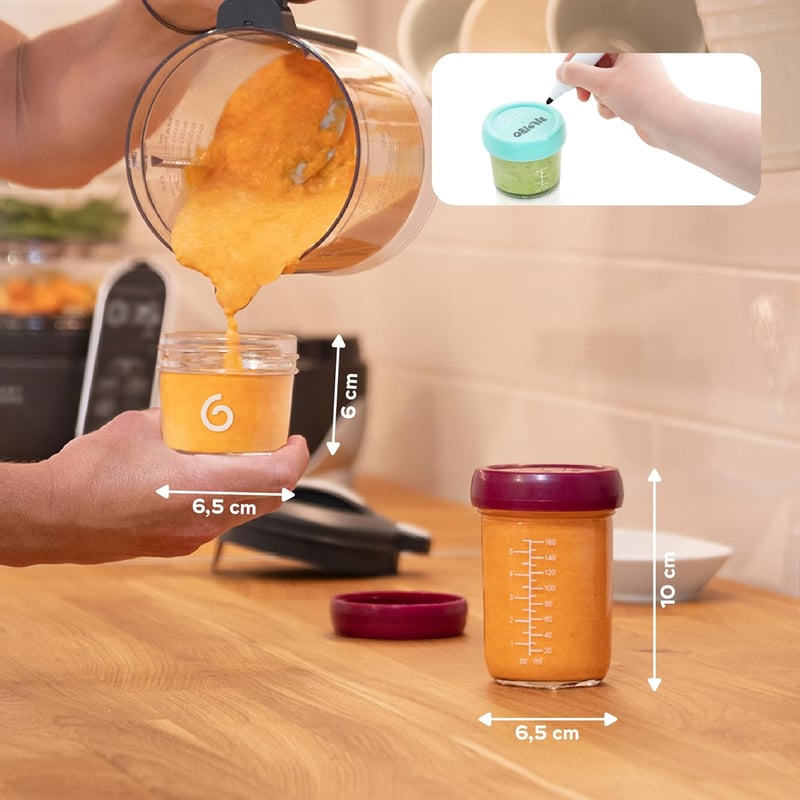 Babymoov Babybols üvegtároló bébiétel készítéshez és fagyasztáshoz - 4x220ml + 4x100ml tárolóedény + receptkönyv, BPA-mentes, mosogatógépben