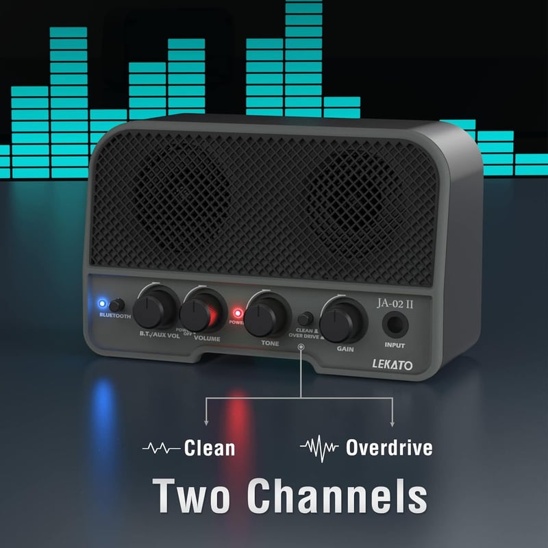 LEKATO 5W Mini Gitárerősítő Kettős Hangszóróval - Hordozható Elektromos Gitár Kombó Erősítő Clean és Overdrive Csatornával, Bluetooth 5.0, Ú