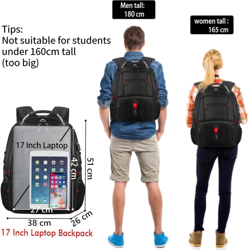 MATEIN Vízálló Laptop Hátizsák Férfiaknak - 17,3" Méretű, USB Töltővel, TSA Kompatibilis, Többrekeszes Utazó Táska Iskolába, Munkába - 17.3 inches, Black
