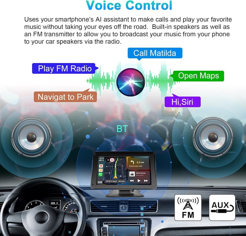 Podofo 7" Hordozható Autórádió IPS Érintőképernyővel - Vezeték Nélküli Apple CarPlay & Android Auto, Bluetooth, GPS Navigáció, FM, USB