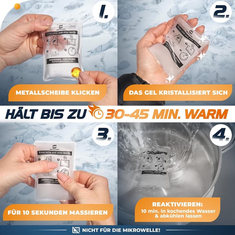 HOT.N.CHILL Újrahasználható Kézmelengetők - 10 Másodperc Alatt Felmelegszik - Hajlítható Zsebmelegítő Párna Gyerekeknek és Felnőtteknek - Ti