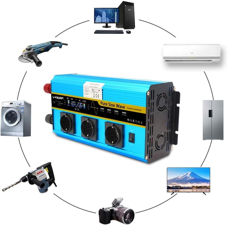 Tiszta szinuszos 3000W/6000W inverter, 12V-230V, 3 EU aljzat, 4 USB, LCD