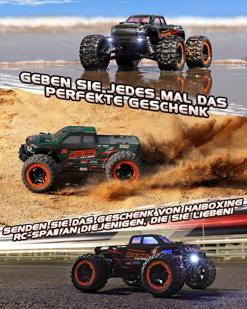 HAIBOXING 1:16 Távirányítós Monster Truck - 36 km/h Vízálló RC Autó Terep Játék, Gyerekeknek és Felnőtteknek, 2.4 GHz Vezérlés, 280 Láb Ható