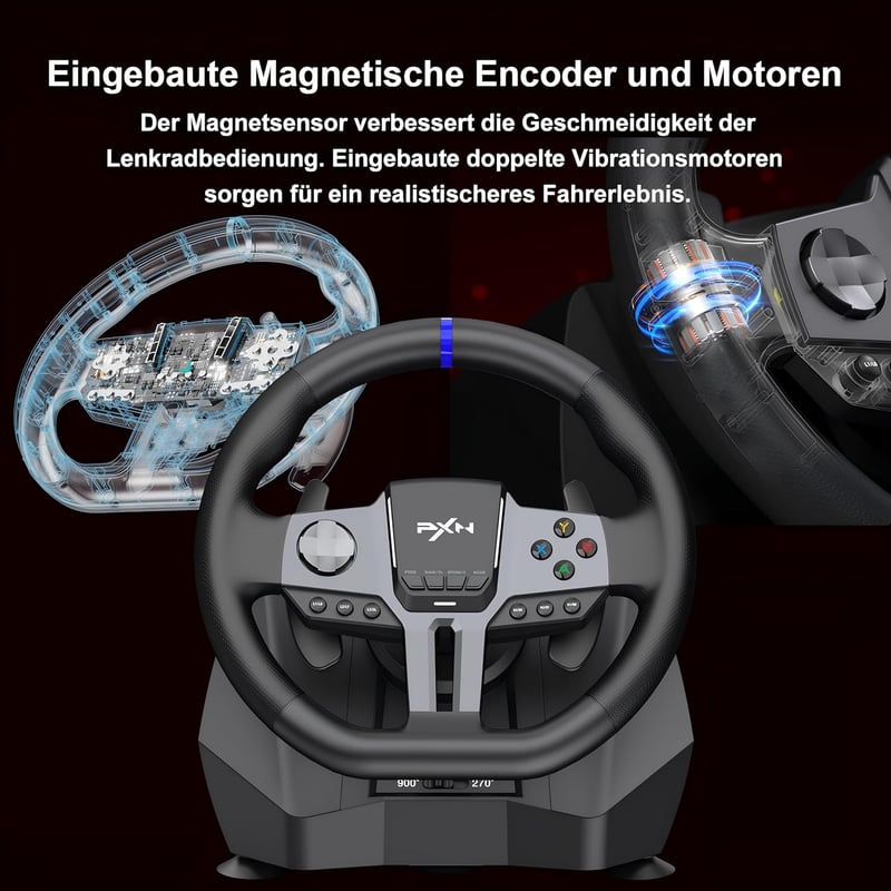 PXN V9 GEN2 Versenykormány PC-hez Pedálokkal és Váltóval - Hall-effekt Pedál, RGB Világítás, 270°/900° Állítható - PS4, PS3, Xbox Series X/S