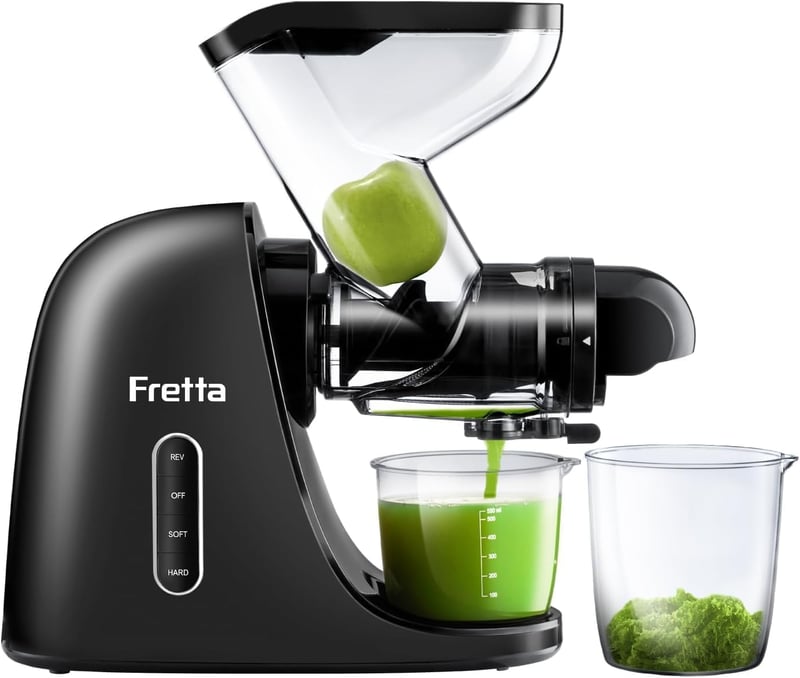 Fretta Slow Juicer Gyümölcs- és Zöldségprés 200W - Széles 76mm Adagolónyílás, Hidegprés Technológia, Könnyen Tisztítható Fekete Gyümölcsfacs - Black
