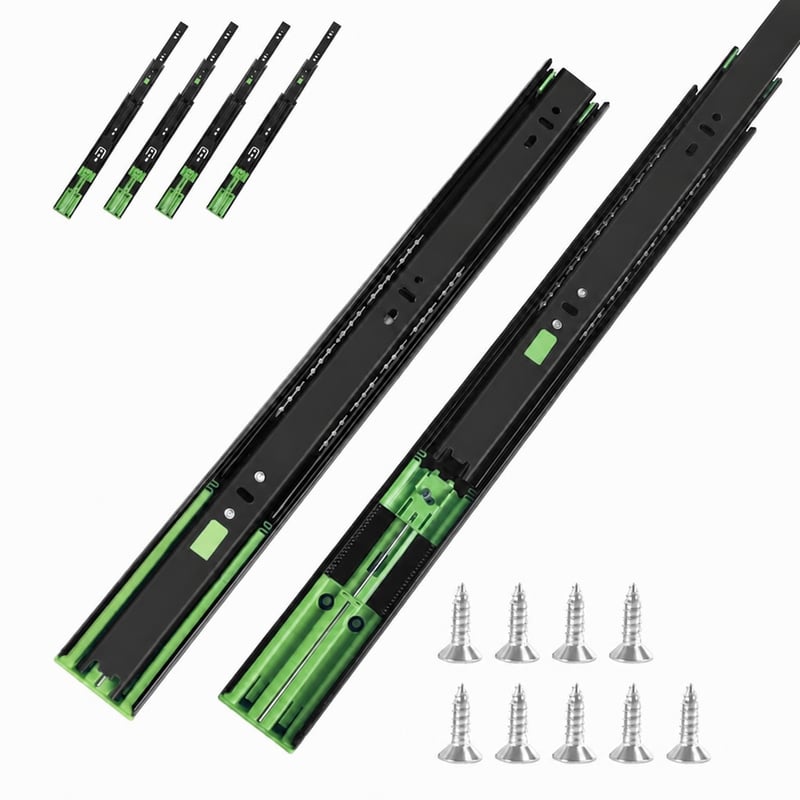 Ghidaje pentru sertar FCOUMY cu extensie completă 30 cm, cu închidere silențioasă și rulmenți cu bile, extensie în 3 secțiuni, montare laterală, negru, 8 bucăți (incomplet)