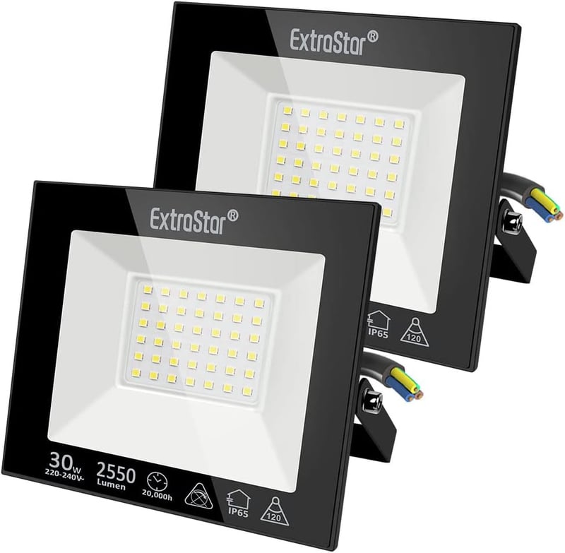 Extrastar LED Kültéri Reflektor 30W - IP65 Vízálló Biztonsági Világítás, 2550lm, 6500K Hideg Fehér, Kertbe, Teraszra (2 db)