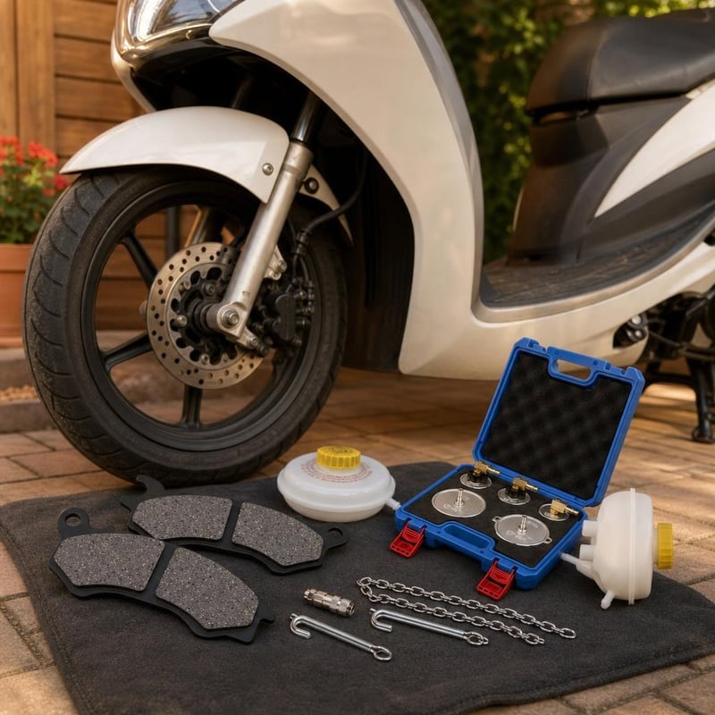 Biztos megállás fékbetétcsomag: PCX 125 első fékbetét + fékfolyadék-tartály + 5 részes gyorscsatlakozós