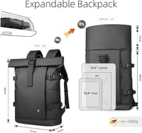 hk Rolltop Hátizsák 15,6" Laptoptartóval - Vízálló, Lopásbiztos Unisex Táska 20-27L, Utazáshoz, Munkához, Egyetemre, Fekete 2