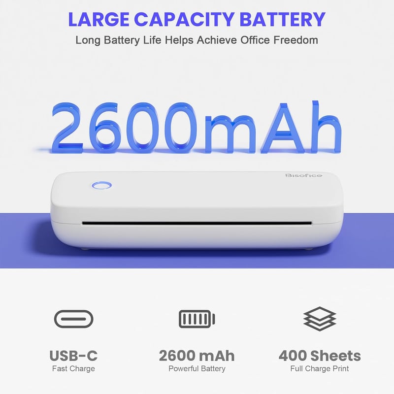 Bisofice Mobil Hőnyomtató A4 - 300 dpi Hordozható Nyomtató Okostelefonhoz, 2/3/4 inch és A4 Hőpapír Támogatással, Android/iOS/Win/Mac Kompat