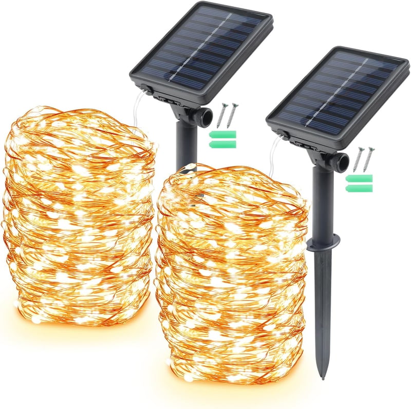 Napelemes kültéri fényfüzér, 2x17m, 150 LED, meleg fehér, vízálló, 8 üzemmód