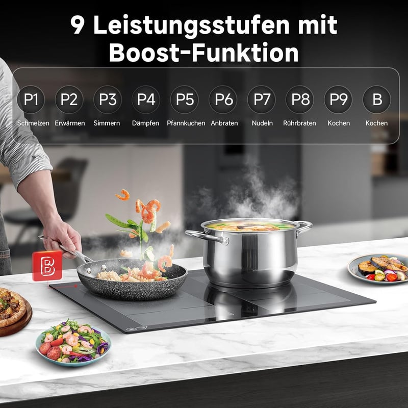 AMZCHEF 60 cm-es Indukciós Főzőlap 2 Flex Zónával, 4 Főzőmezős, 9 Teljesítményszint + Booster, BBQ és Melegen Tartó Funkcióval, 7400W