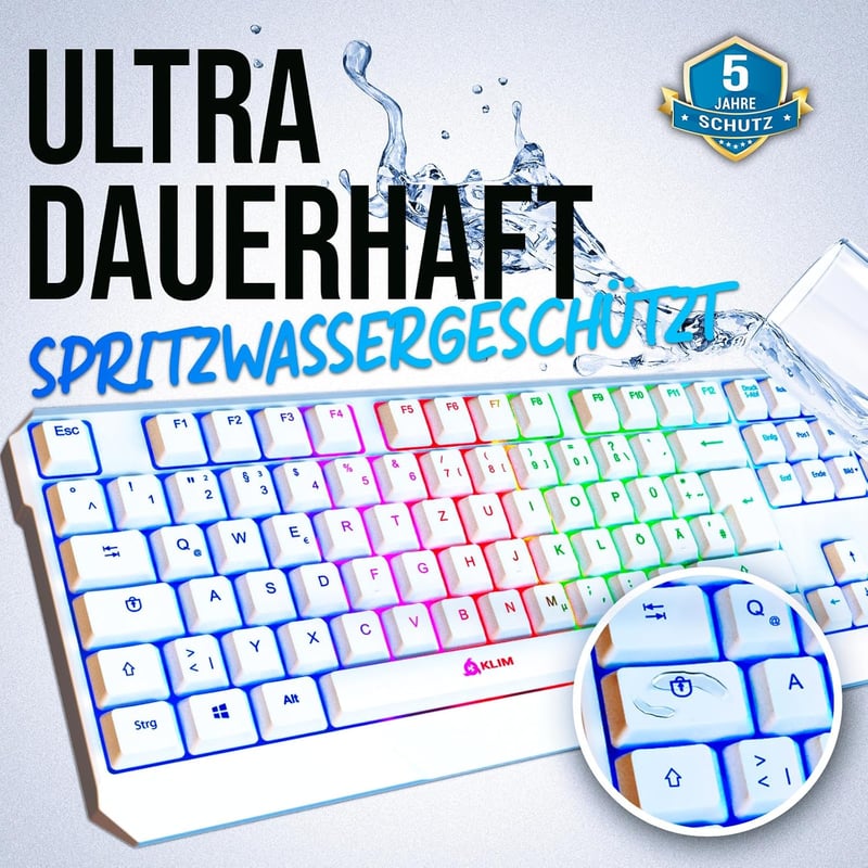 KLIM Chroma RGB Gamer Billentyűzet - Német QWERTZ, Fehér, Vízálló, Csendes Billentyűk, Tartós, Ergonomikus, USB Kábeles - PC, Mac, PS4, PS5 