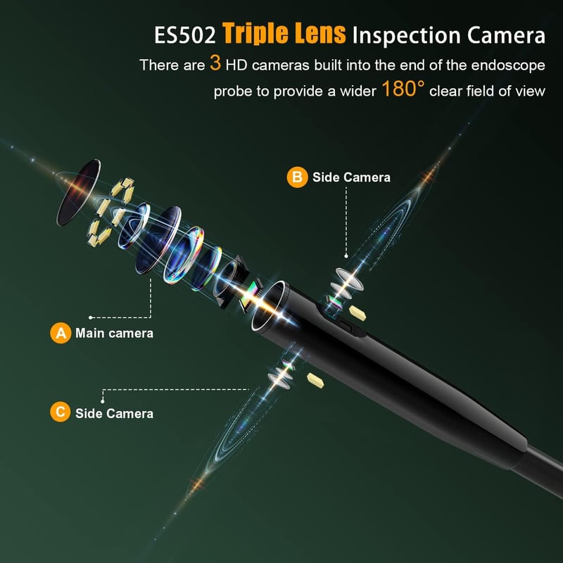 Hiacinto Endoszkóp Kamera 10m IP68 Vízálló, 5" IPS Kijelző, 3 Lencsés 1080P HD Vizsgálókamera 32GB, Leválasztható Kábel, Autó, Csőszerelés