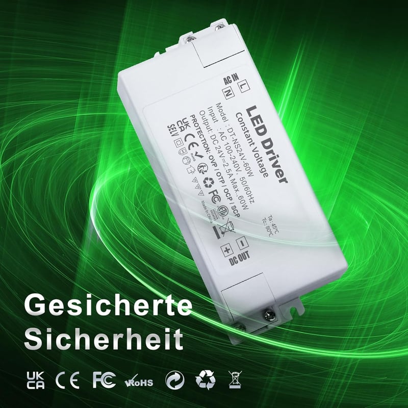 REYLAX LED Transzformátor 24V 60W - Kompakt LED Tápegység 2,5A, 230V-24V Átalakító, Állandó Feszültségű Meghajtó Lámpákhoz, Szalagokhoz