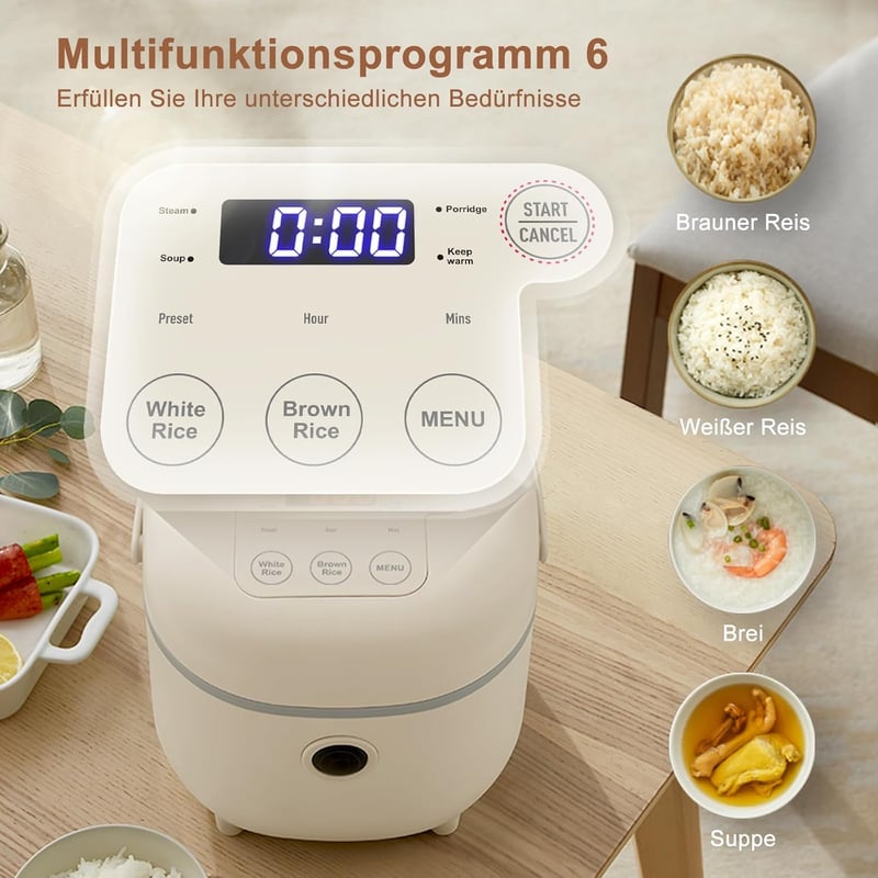 Bear Elektromos Rizsfőző 2L Kapacitással - 350W Multifunkciós Mini Készülék 6 Főzési Programmal, Párolóval, 2-4 Személyre, Bézs