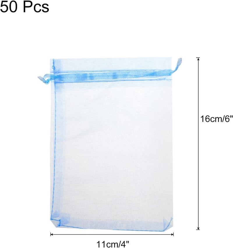 Organza ajándéktasak, 50db, égkék, 11x16cm, esküvőre, partira