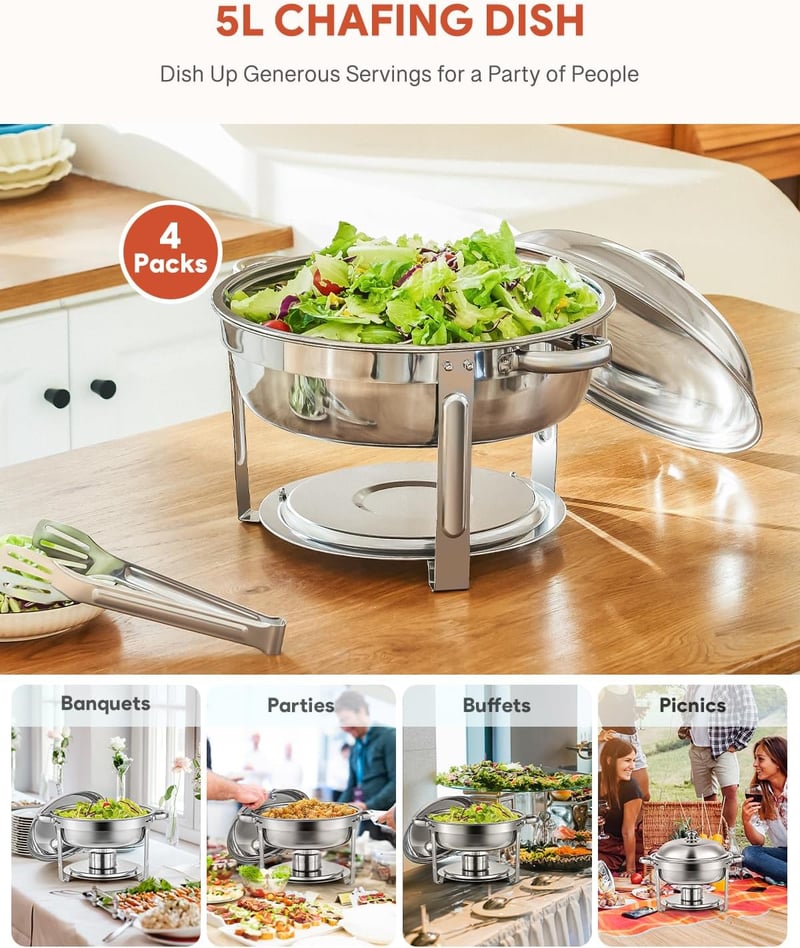 Wilprep 5L Rozsdamentes Acél Ételmelegítő Szett - 4 db Kerek Chafing Dish Melegentartó Tál Rendezvényekhez és Partikhoz