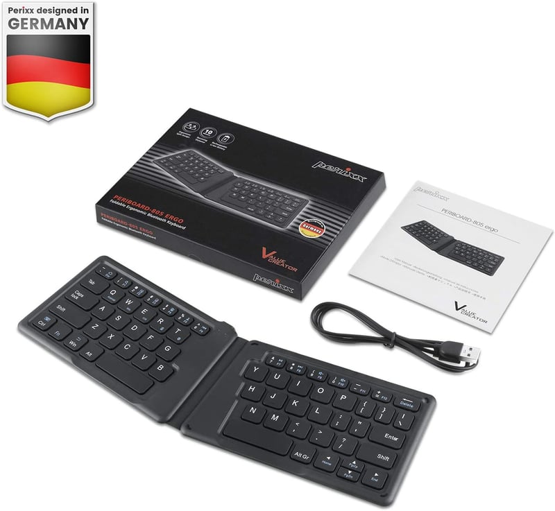 Perixx PERIBOARD-805 Ergo Összehajtható Bluetooth Billentyűzet - Ergonomikus V-alakú Kialakítás - iOS, Android, Windows Kompatibilis - Ultra