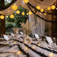 Fénylő esküvői dekor: 20 m sifonszalag + 30 db LED lámpa + organza tüll + kerámia váza + 100 db helykártya 1