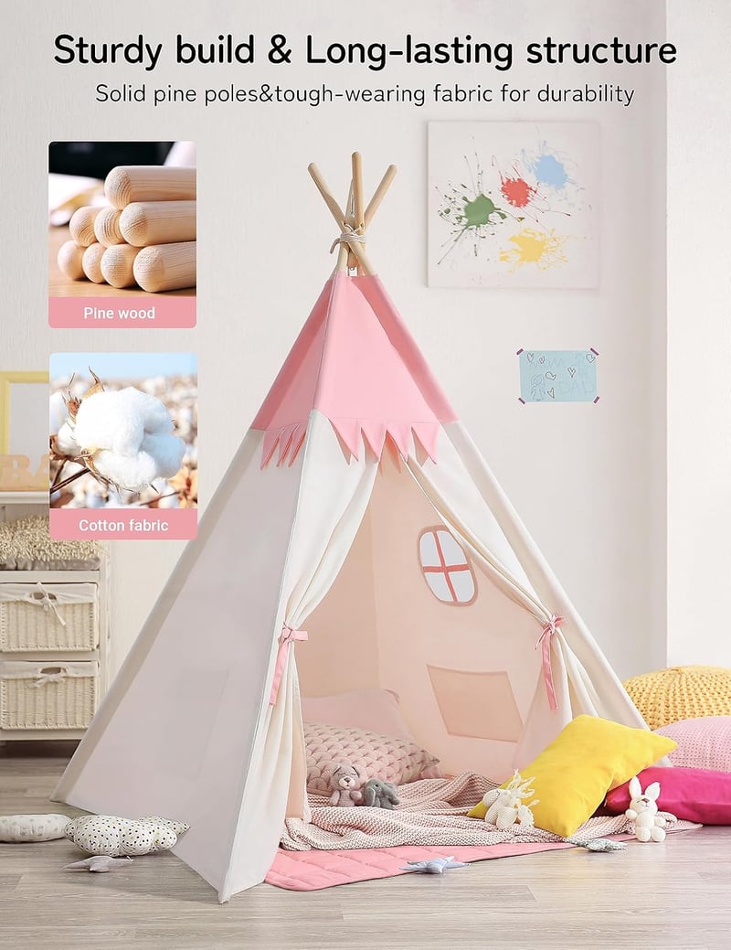 besrey Rózsaszín-Fehér Tipi Sátor Gyerekeknek, Beltéri Játszósátor Kislányoknak