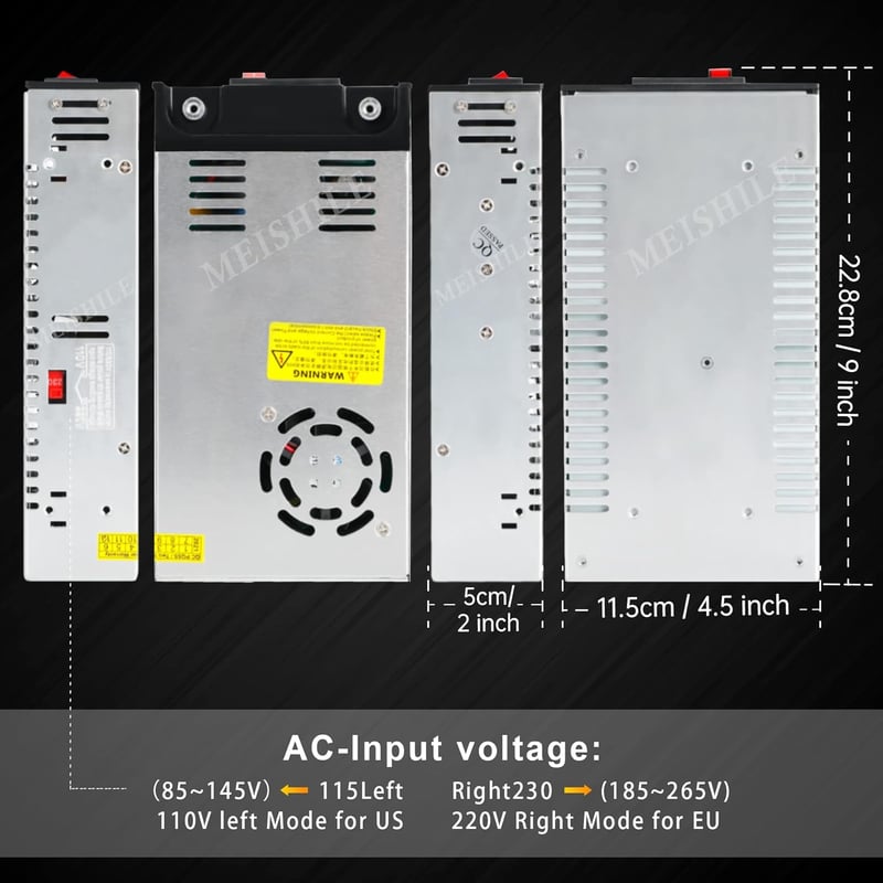 MEISHILE 12V 50A 600W Tápegység - Ipari Transzformátor LED Szalaghoz, 3D Nyomtatóhoz, Motorhoz - AC 230V/110V - Krokodilcsipeszes Csatlakozá