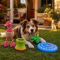 Balíček proti nude pre psov: pískací plameniak + hlavolam + hryzátko + LED frisbee 1