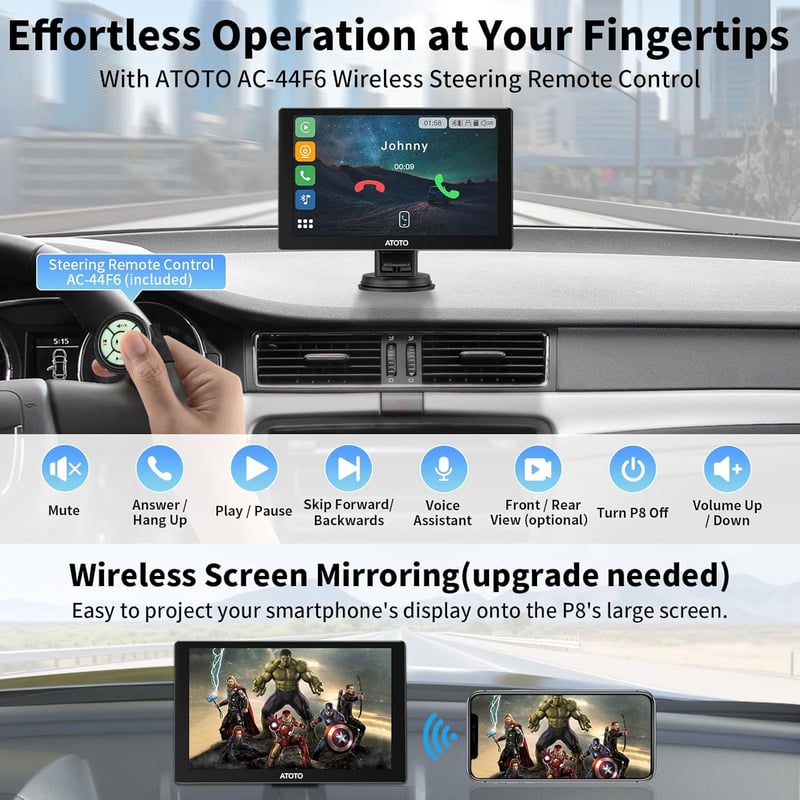 ATOTO P8 Hordozható 7" QLED Autós Navigáció 1080P Tolatókamerával, Vezeték Nélküli CarPlay és Android Auto, Távirányítás, Automata Fényerő, 