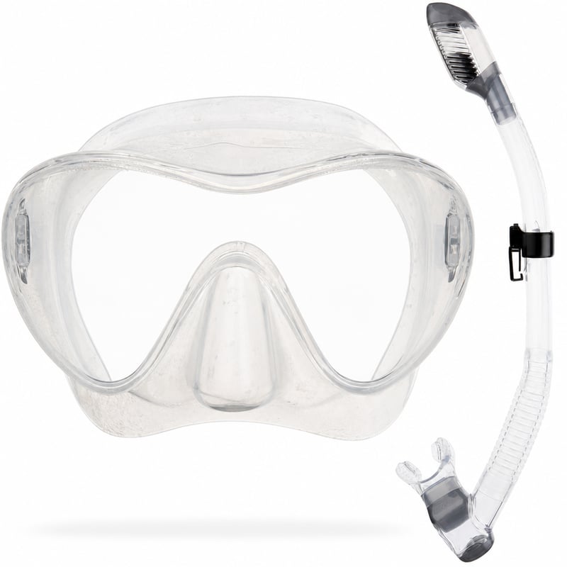 Set mască de scufundări fără ramă Cressi F1 și snorkel, transparent, 100% silicon, sticlă securizată — cu depuneri de calcar (stare: vezi a 2-a imagine)