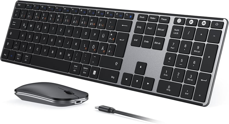 seenda Fém Bluetooth Billentyűzet és Egér Szett - Újratölthető, Kettős Üzemmódú (USB+BT), Ultravékony, Csendes, QWERTZ Kiosztású, PC/Tablet/