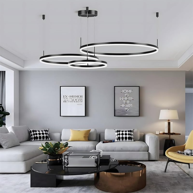 YYUTLUO Modern LED Csillár - 3 Fekete-Arany Gyűrű (40+60+80cm), 90W, Távirányítható, Fényerőszabályozható Mennyezeti Függőlámpa Nappaliba