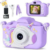 Lila 48 MP gyerek fényképezőgép 3-12 éveseknek, 1080P, 32GB SD kártyával, unikornis tokkal 1