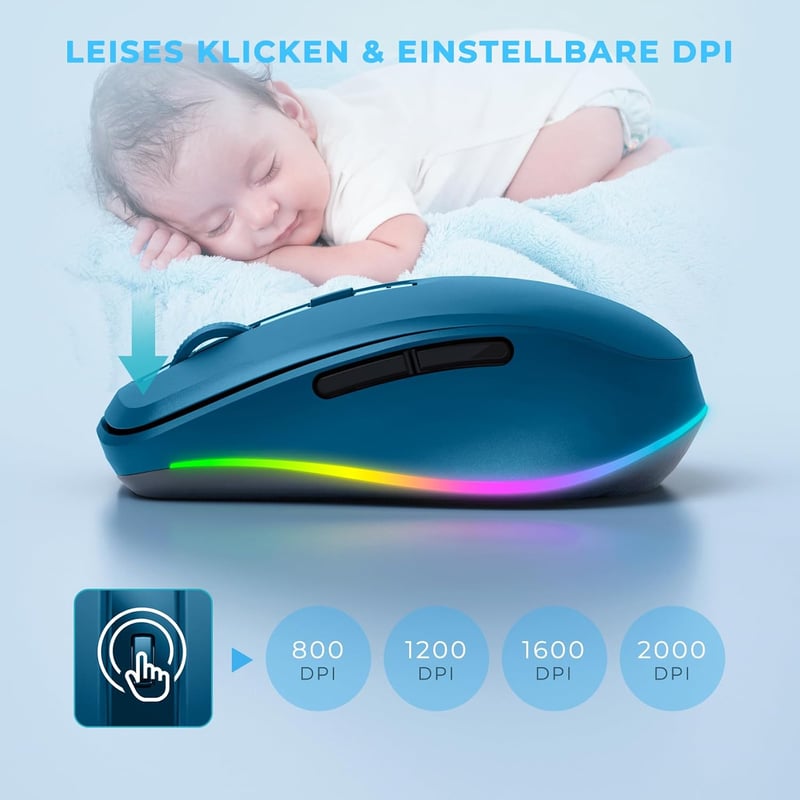 seenda LED Vezeték Nélküli Egér Beépített Mozgásérzékelővel, Újratölthető 2.4G USB Optikai Egér Laptophoz, Csendes Működés, 2000 DPI, Sötétk