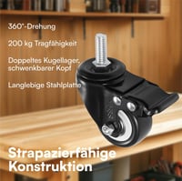 H&S Bútor Görgők M10 Menetes - 4 db Nehéz Teherbírású Forgó Kerék Fékkel - 50 mm PU Gumi Görgők Többféle Felületre 3