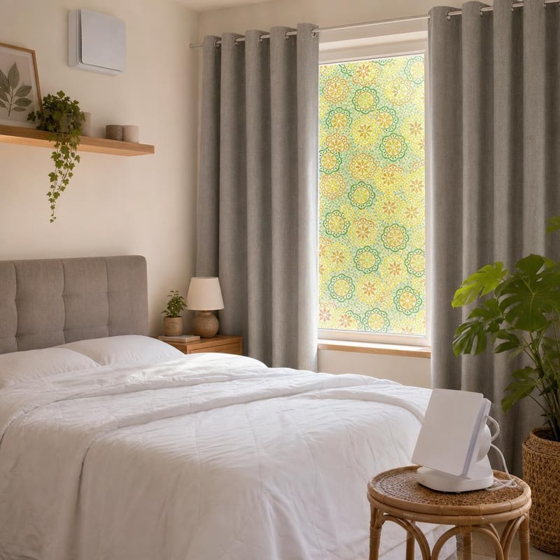 Hűvös éjszaka mentőcsomag: UV-védő ablakfólia + 2 db sötétítő függöny + páraérzékelős ventilátor + nyári