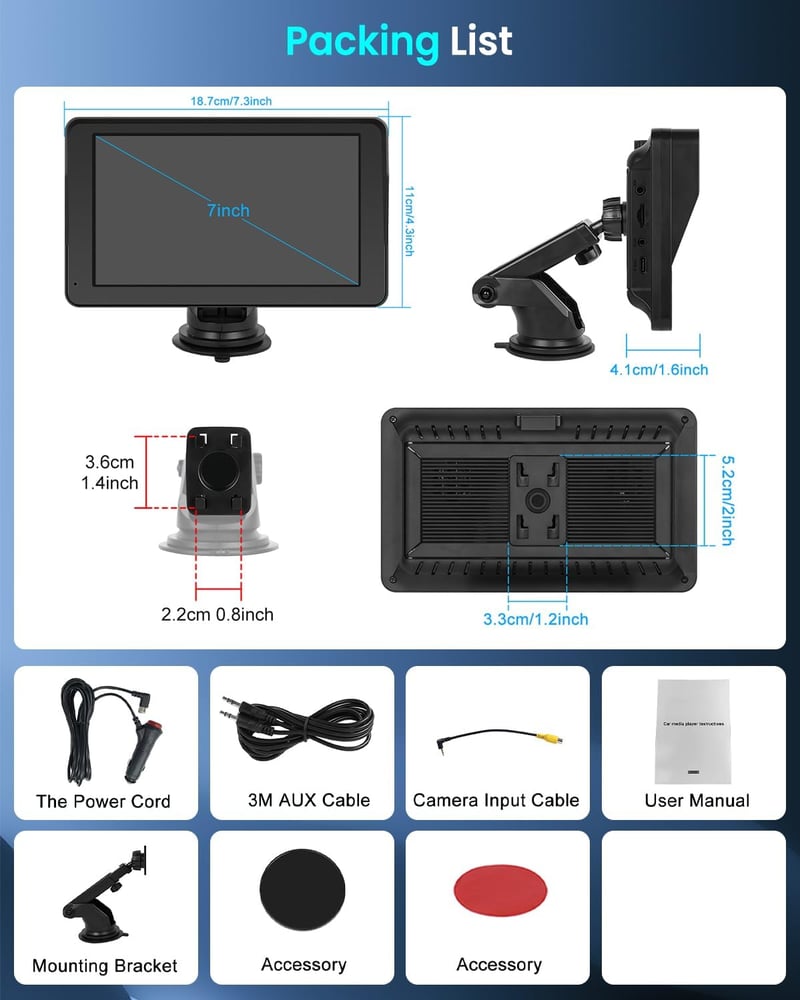 Rimoody 7" Hordozható Autórádió Carplay Android Támogatással - Érintőképernyős, Dual Bluetooth, FM Transmitter, GPS, Hangvezérlés, Airplay/A