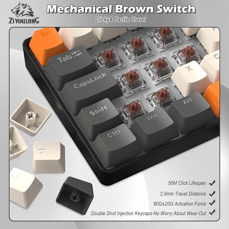 ZIYOU LANG T60 Kompakt Mechanikus Gamer Billentyűzet - RGB, Barna Kapcsolók, UK QWERTY, Tejszín