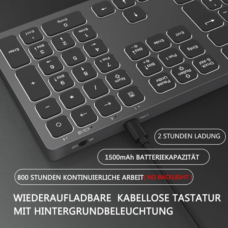 Seenda LED-es vezeték nélküli billentyűzet, QWERTZ, újratölthető, PC/laptop, űrszürke