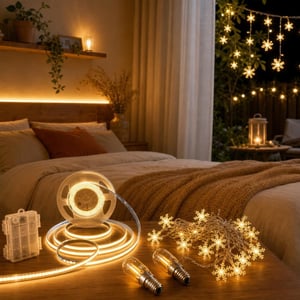 LED čarolija za spavaću sobu: 2x E14 žarulja + 5m LED traka + 6m svjetlosni lanac pahuljice