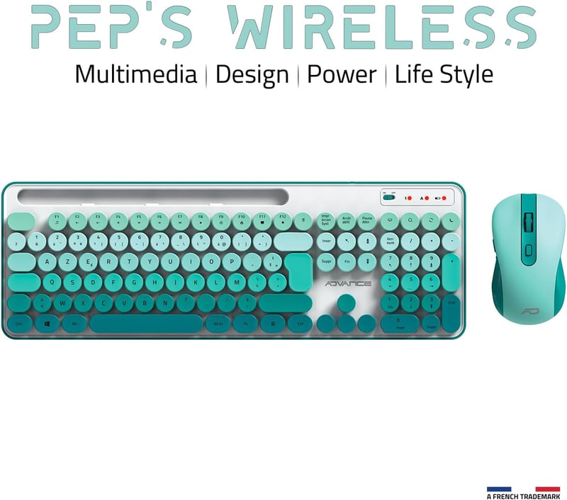 AD ADVANCE PEP'S Vezeték Nélküli Billentyűzet és Egér Szett - Kerek Gombos Írógép Dizájn, Ultra Csendes 2.4GHz, Numerikus Billentyűzet, Tele