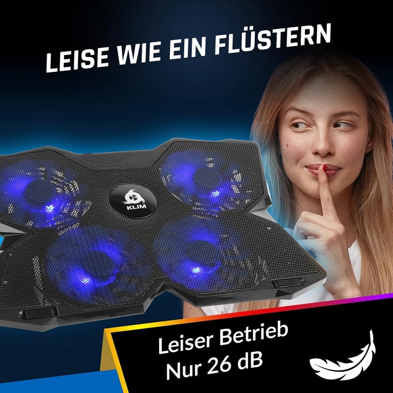 KLIM Wind Laptop Hűtő - RGB Világítás - 4 Ventilátor - USB Tápellátás - Stabil és Csendes - PC, Mac, PS4 Kompatibilis - 11-17 Colos Laptopok