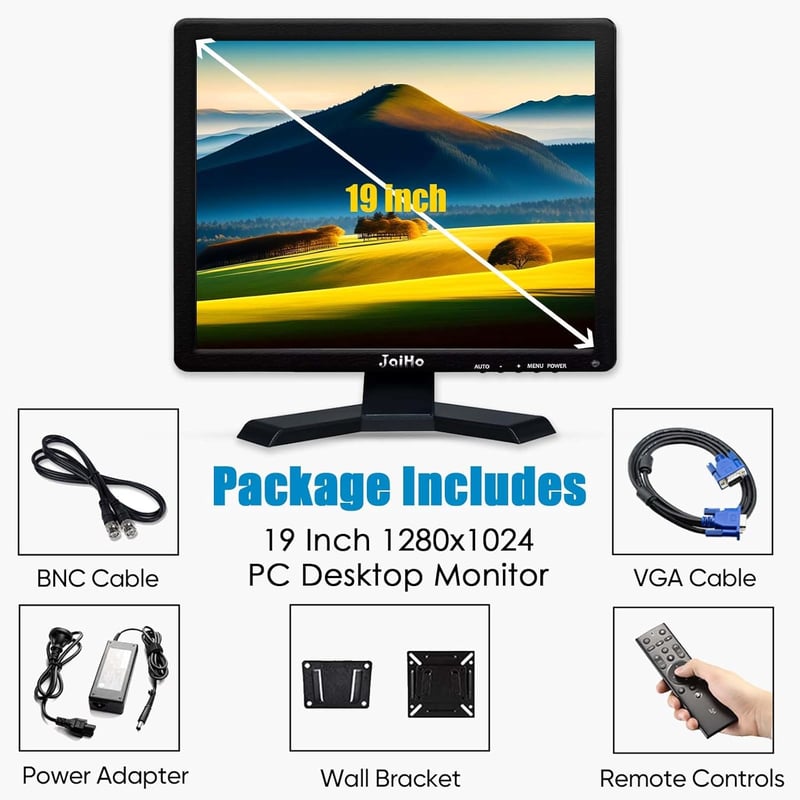 JaiHo 19" IPS Monitor Beépített Hangszórókkal - HD 1280x1024 Felbontás, HDMI Csatlakozás, PC/TV/CCTV/Raspberry Pi Kompatibilis, Távirányítóval