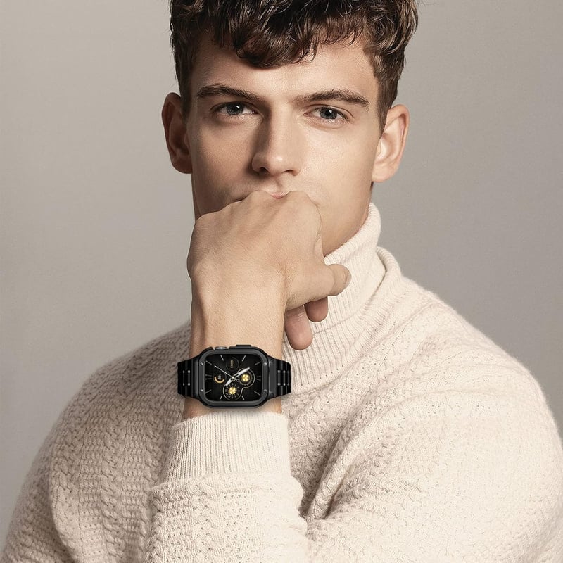 HASLFM Apple Watch 45mm Szíj - Rozsdamentes Acél Fém Pánt Védőtokkal, Kompatibilis iWatch Series 9/8/7 Órákkal, Férfi, Fekete