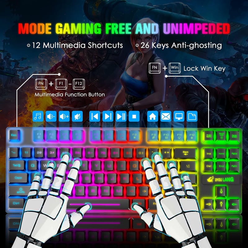 LexonElec Vezeték Nélküli Gaming Billentyűzet és Egér Szett, 87 Gombos RGB LED Háttérvilágítás, 3800mAh Akkumulátor, Fekete