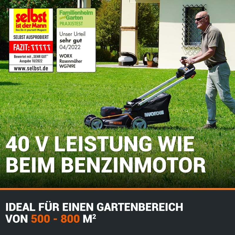 WORX WG749E PowerShare Akkumulátoros Fűnyíró 40V Kerékhajtással, Erős Kefementes Motorral, 46cm Vágásszélességgel, 7 Vágásmagassággal