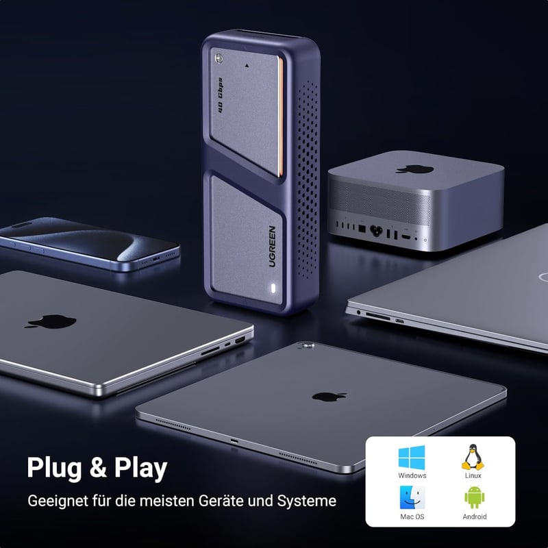 UGREEN USB 4 M2 Ház 40Gbps NVMe Külső SSD Adapter Hatékony Hűtéssel, 8TB Kapacitás, MacBook Pro M4/M4 Pro/Max és HP Celeron N4120 Kompatibil